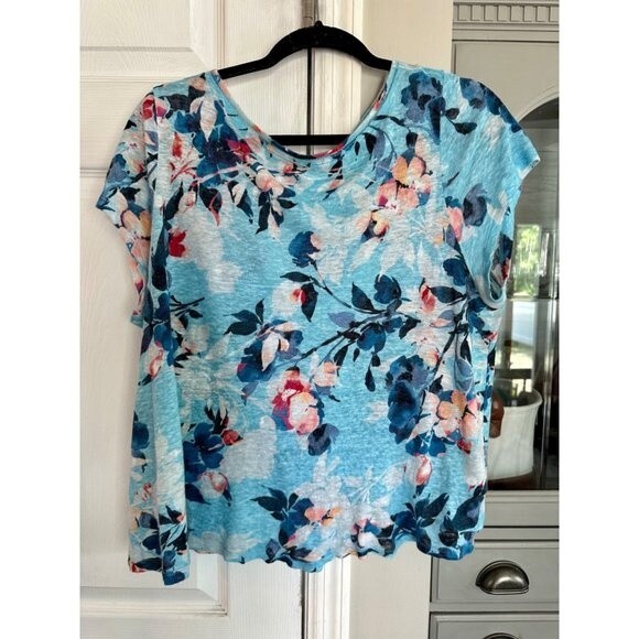 J. Jill Love Linen 100% Linen Floral Tee LG Petite - Picture 1 of 5